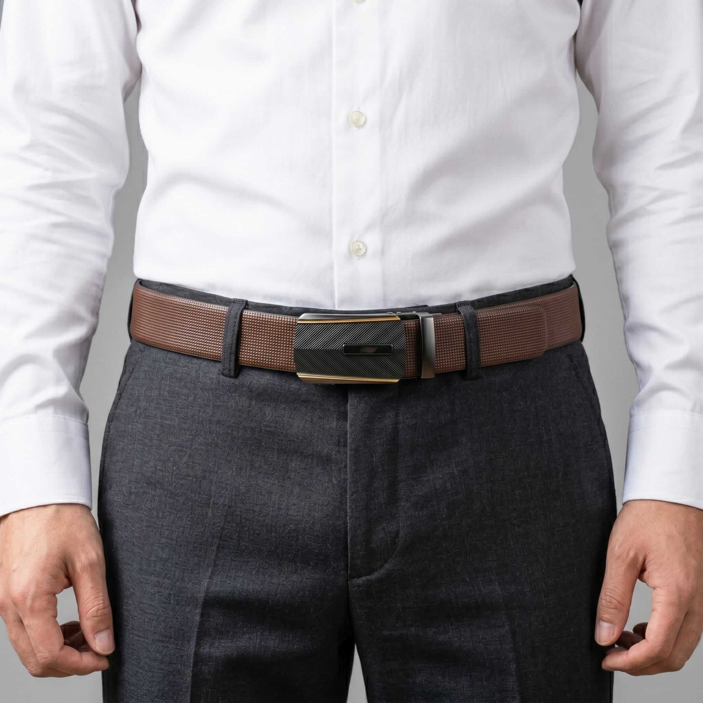 Mens 100% Genuine Leather Belt - NEXVIOR Grid-Emboss, REGALIX Textured Auto-Lock Buckle (Brown & Black Reversible) — Leather Belts for Men | THE MEN THING