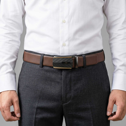 Mens 100% Genuine Leather Belt - NEXVIOR Grid-Emboss, REGALIX Textured Auto-Lock Buckle (Brown & Black Reversible) — Leather Belts for Men | THE MEN THING