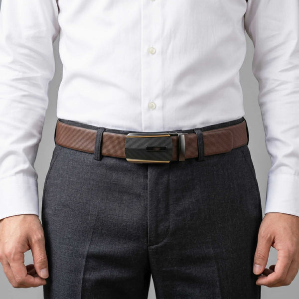 Mens 100% Genuine Leather Belt - NEXVIOR Grid-Emboss, REGALIX Textured Auto-Lock Buckle (Brown & Black Reversible)