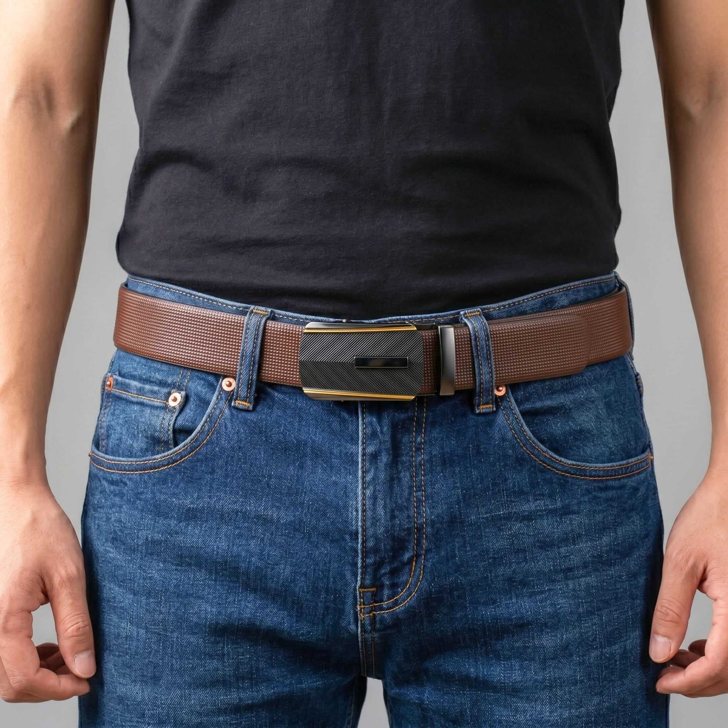 Mens 100% Genuine Leather Belt - NEXVIOR Grid-Emboss, REGALIX Textured Auto-Lock Buckle (Brown & Black Reversible) — Leather Belts for Men | THE MEN THING