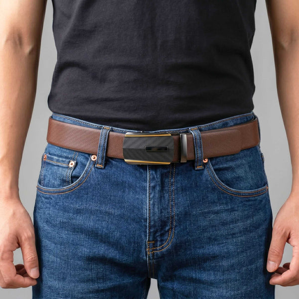 Mens 100% Genuine Leather Belt - NEXVIOR Grid-Emboss, REGALIX Textured Auto-Lock Buckle (Brown & Black Reversible)