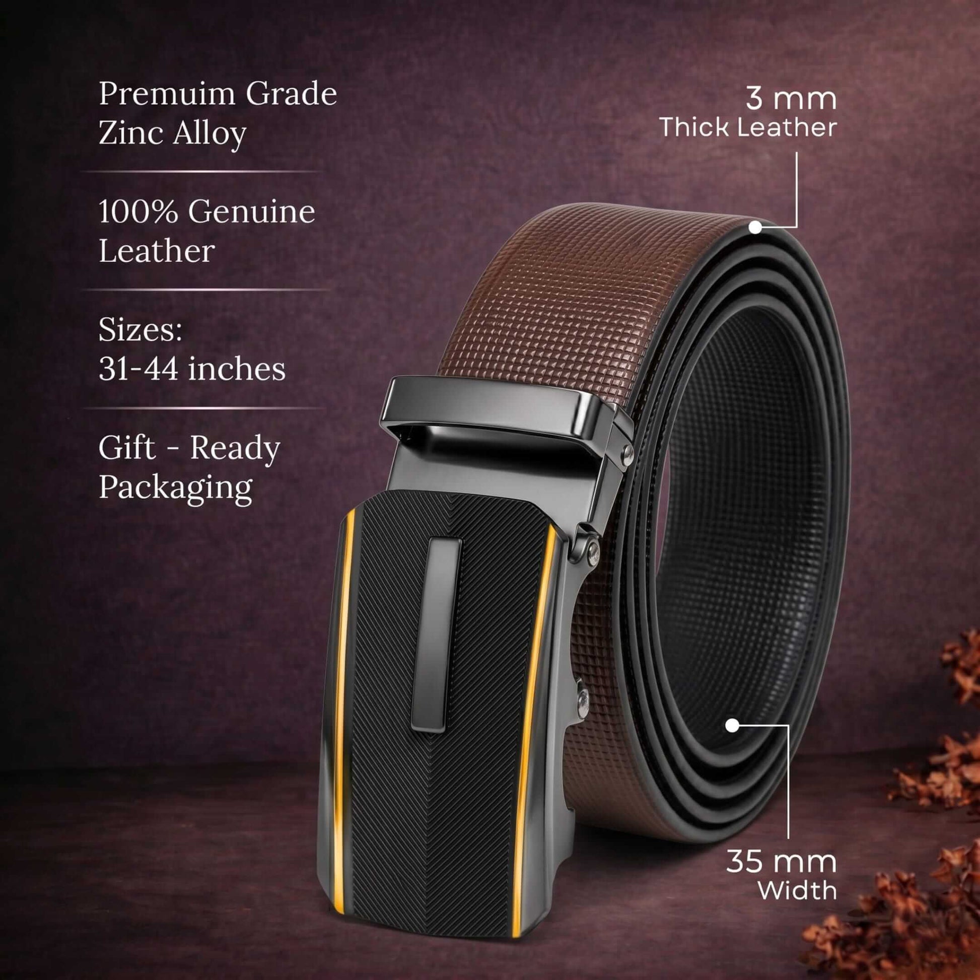 Mens 100% Genuine Leather Belt - NEXVIOR Grid-Emboss, REGALIX Textured Auto-Lock Buckle (Brown & Black Reversible) — Leather Belts for Men | THE MEN THING