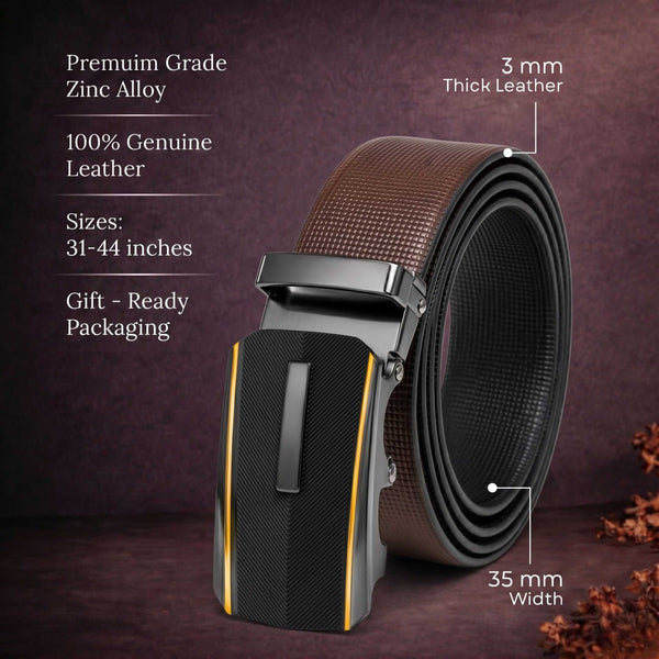 Mens 100% Genuine Leather Belt - NEXVIOR Grid-Emboss, REGALIX Textured Auto-Lock Buckle (Brown & Black Reversible)