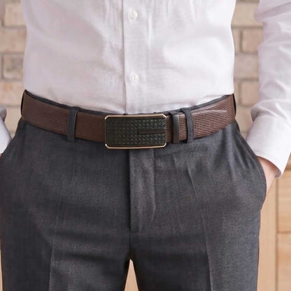 Mens 100% Genuine Leather Belt - NEXVIOR Grid-Emboss, KRYPT Basket-Weave Auto-Lock Buckle (Brown & Black Reversible) — Leather Belts for Men | THE MEN THING