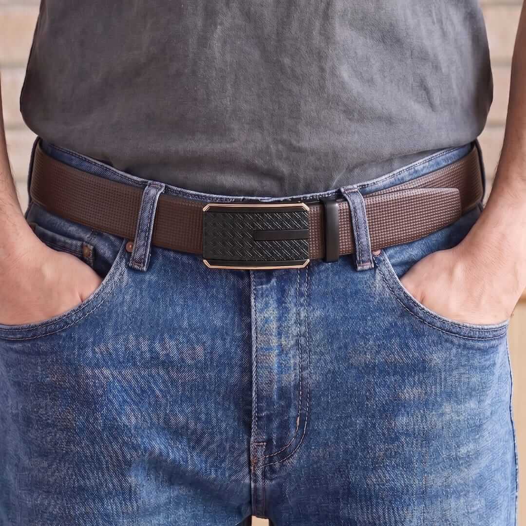 Mens 100% Genuine Leather Belt - NEXVIOR Grid-Emboss, KRYPT Basket-Weave Auto-Lock Buckle (Brown & Black Reversible) — Leather Belts for Men | THE MEN THING
