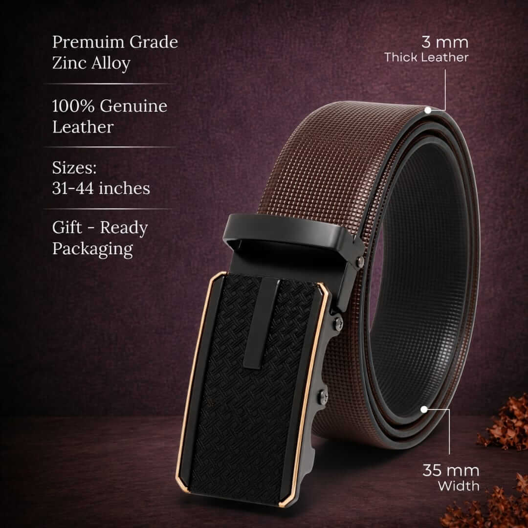 Mens 100% Genuine Leather Belt - NEXVIOR Grid-Emboss, KRYPT Basket-Weave Auto-Lock Buckle (Brown & Black Reversible) — Leather Belts for Men | THE MEN THING