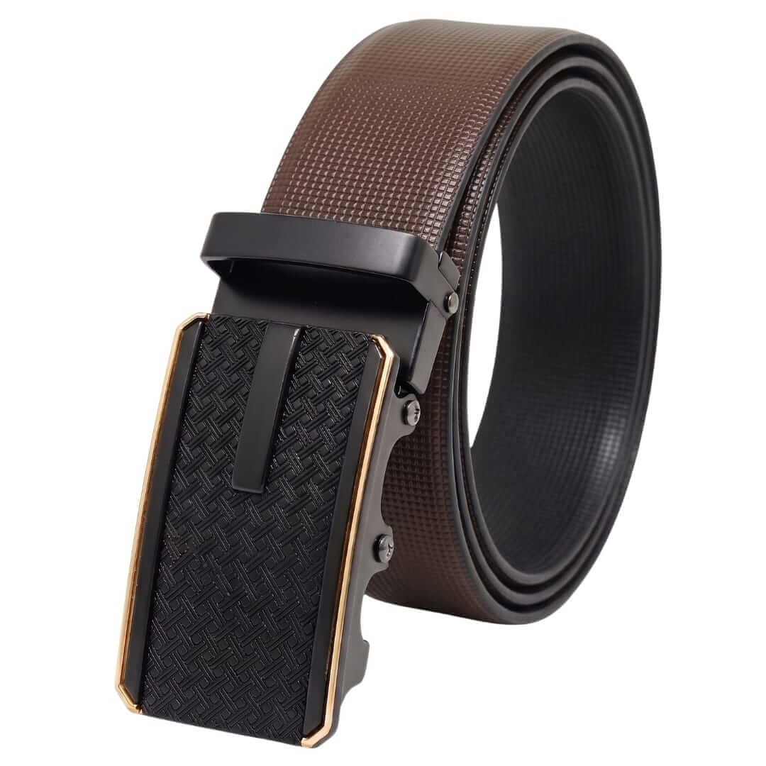 Mens 100% Genuine Leather Belt - NEXVIOR Grid-Emboss, KRYPT Basket-Weave Auto-Lock Buckle (Brown & Black Reversible) — Leather Belts for Men | THE MEN THING