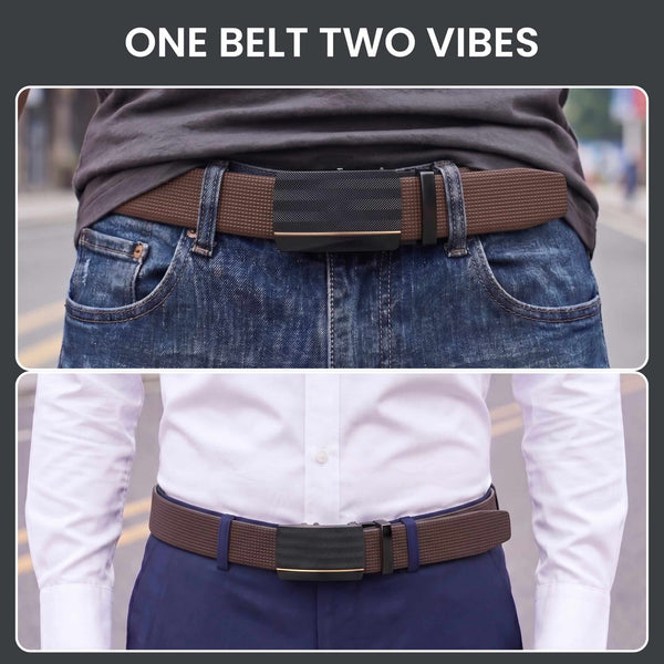 Mens 100% Genuine Leather Belt - NEXVIOR Grid-Emboss, RATCHON Pinstripe Auto-Lock Buckle (Brown & Black Reversible)