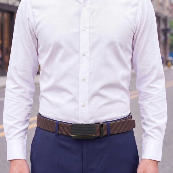 Mens 100% Genuine Leather Belt - NEXVIOR Grid-Emboss, RATCHON Pinstripe Auto-Lock Buckle (Brown & Black Reversible)