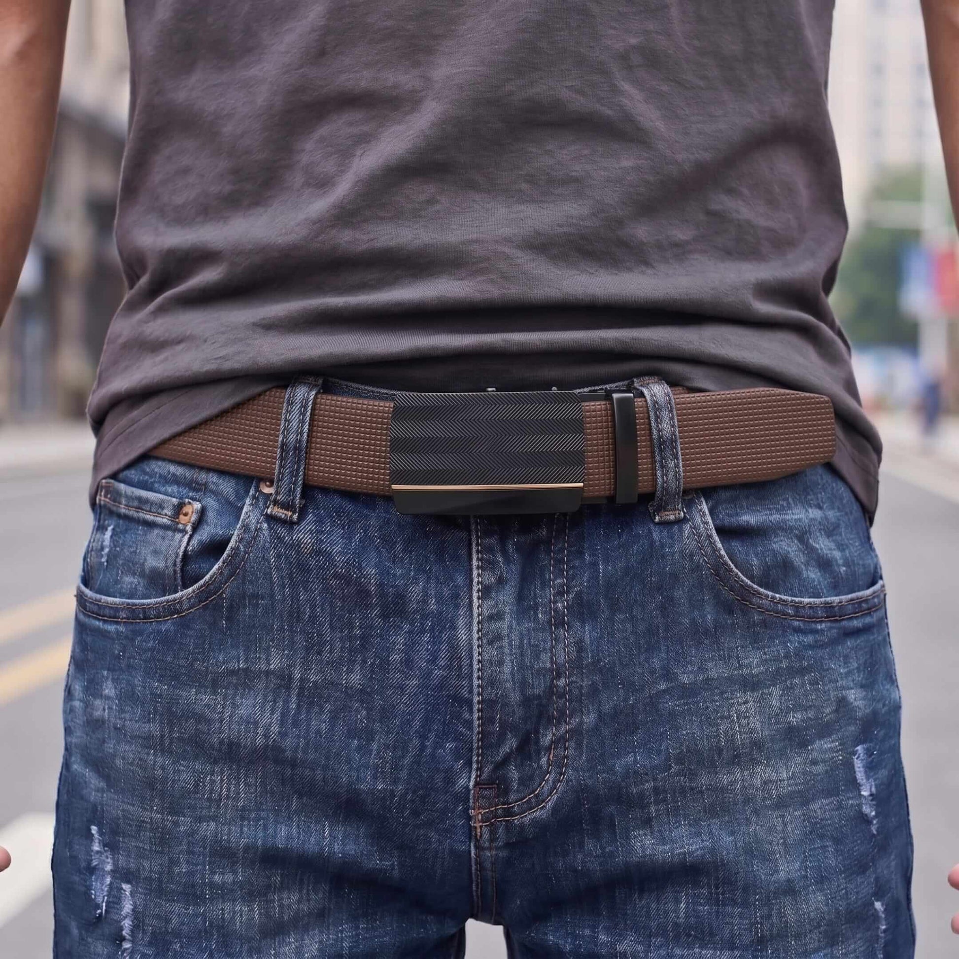Mens 100% Genuine Leather Belt - NEXVIOR Grid-Emboss, RATCHON Pinstripe Auto-Lock Buckle (Brown & Black Reversible) — Leather Belts for Men | THE MEN THING