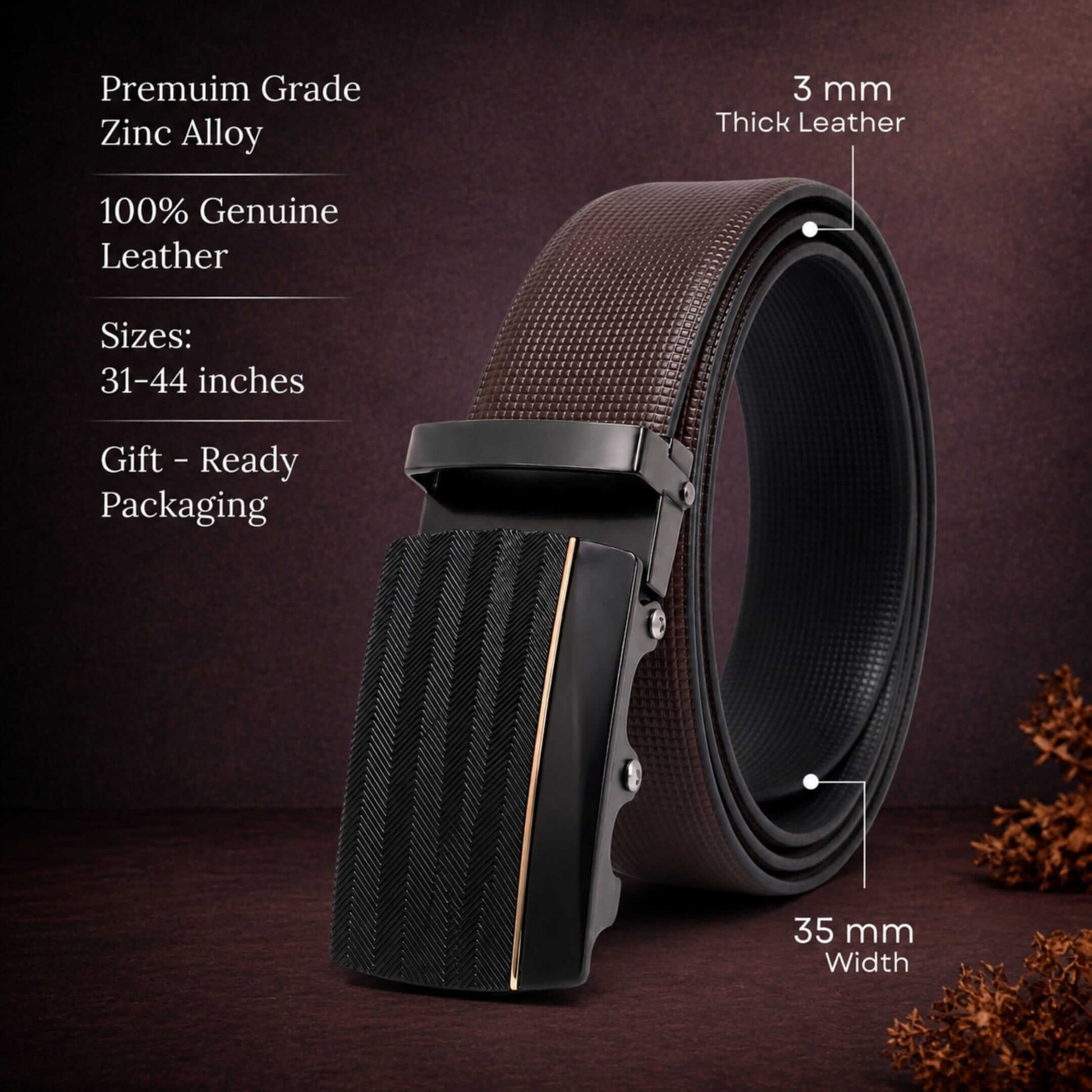 Mens 100% Genuine Leather Belt - NEXVIOR Grid-Emboss, RATCHON Pinstripe Auto-Lock Buckle (Brown & Black Reversible) — Leather Belts for Men | THE MEN THING