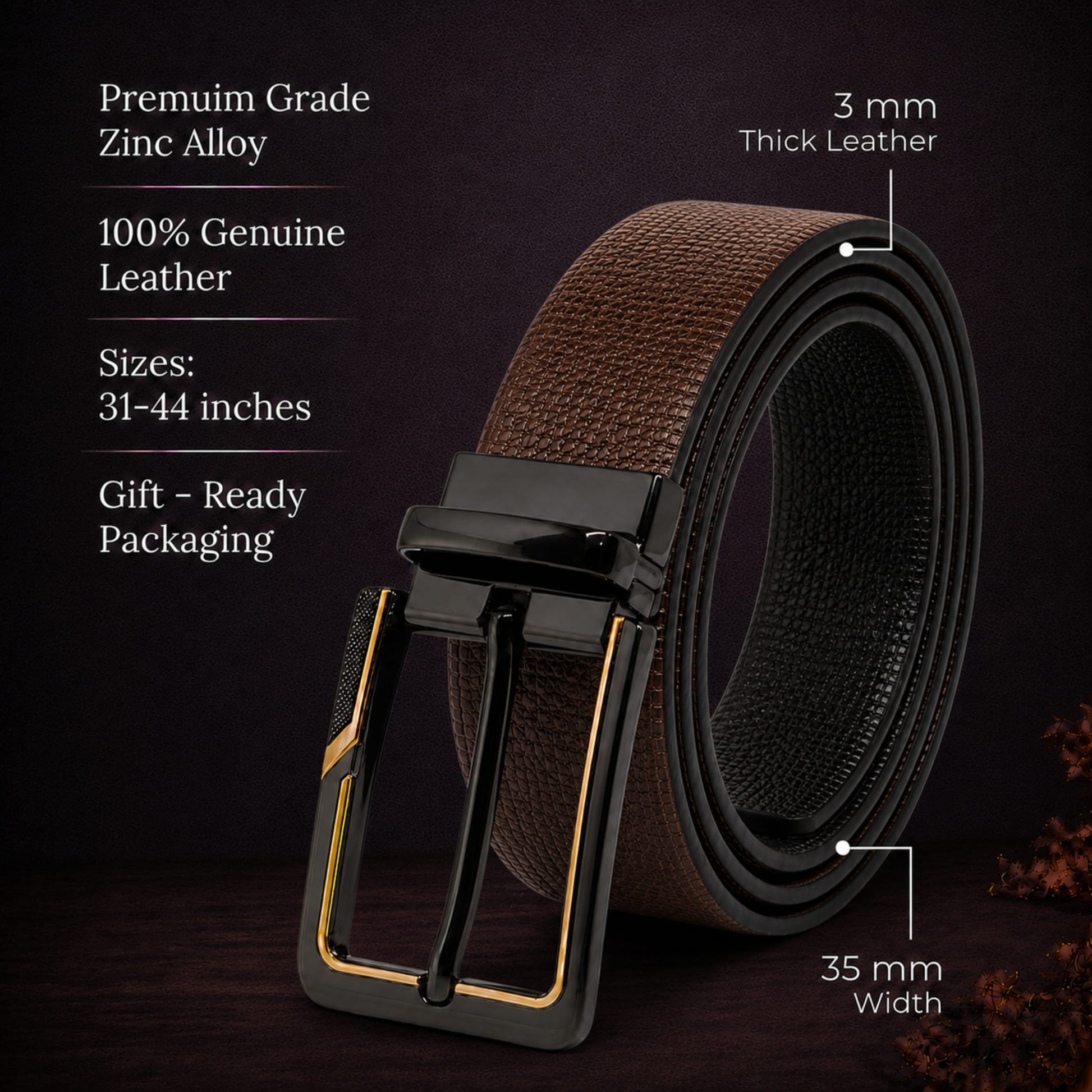 THE MEN THING Leather Belts Mens Genuine Leather Belt | 2 in 1 Reversible (Brown & Black) (1 Pc.) - NEXVIOR -BRAVIX