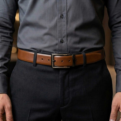 Mens 100% Genuine Leather Belt - VELARO Smooth Matte, CYRON Gold-Edge Gunmetal Pin Buckle (Brown & Black Reversible) — Leather Belts for Men | THE MEN THING