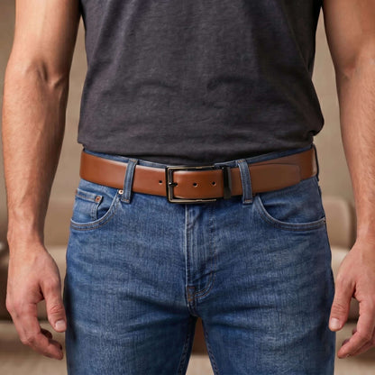 Mens 100% Genuine Leather Belt - VELARO Smooth Matte, CYRON Gold-Edge Gunmetal Pin Buckle (Brown & Black Reversible) — Leather Belts for Men | THE MEN THING
