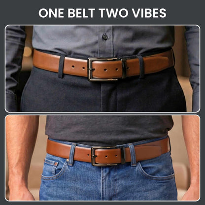 Mens 100% Genuine Leather Belt - VELARO Smooth Matte, CYRON Gold-Edge Gunmetal Pin Buckle (Brown & Black Reversible) — Leather Belts for Men | THE MEN THING