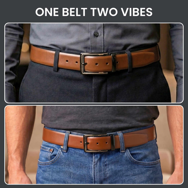 Mens 100% Genuine Leather Belt - VELARO Smooth Matte, CYRON Gold-Edge Gunmetal Pin Buckle (Brown & Black Reversible)