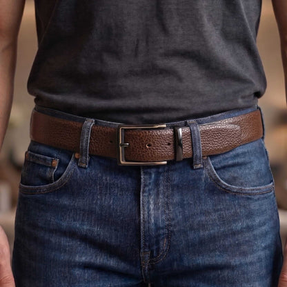 Mens 100% Genuine Leather Belt - LUXORIC Pebble-Grain, CYRON Gold-Edge Gunmetal Pin Buckle (Brown & Black Reversible) — Leather Belts for Men | THE MEN THING