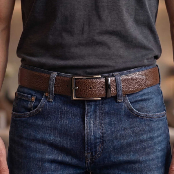 Mens 100% Genuine Leather Belt - LUXORIC Pebble-Grain, CYRON Gold-Edge Gunmetal Pin Buckle (Brown & Black Reversible)