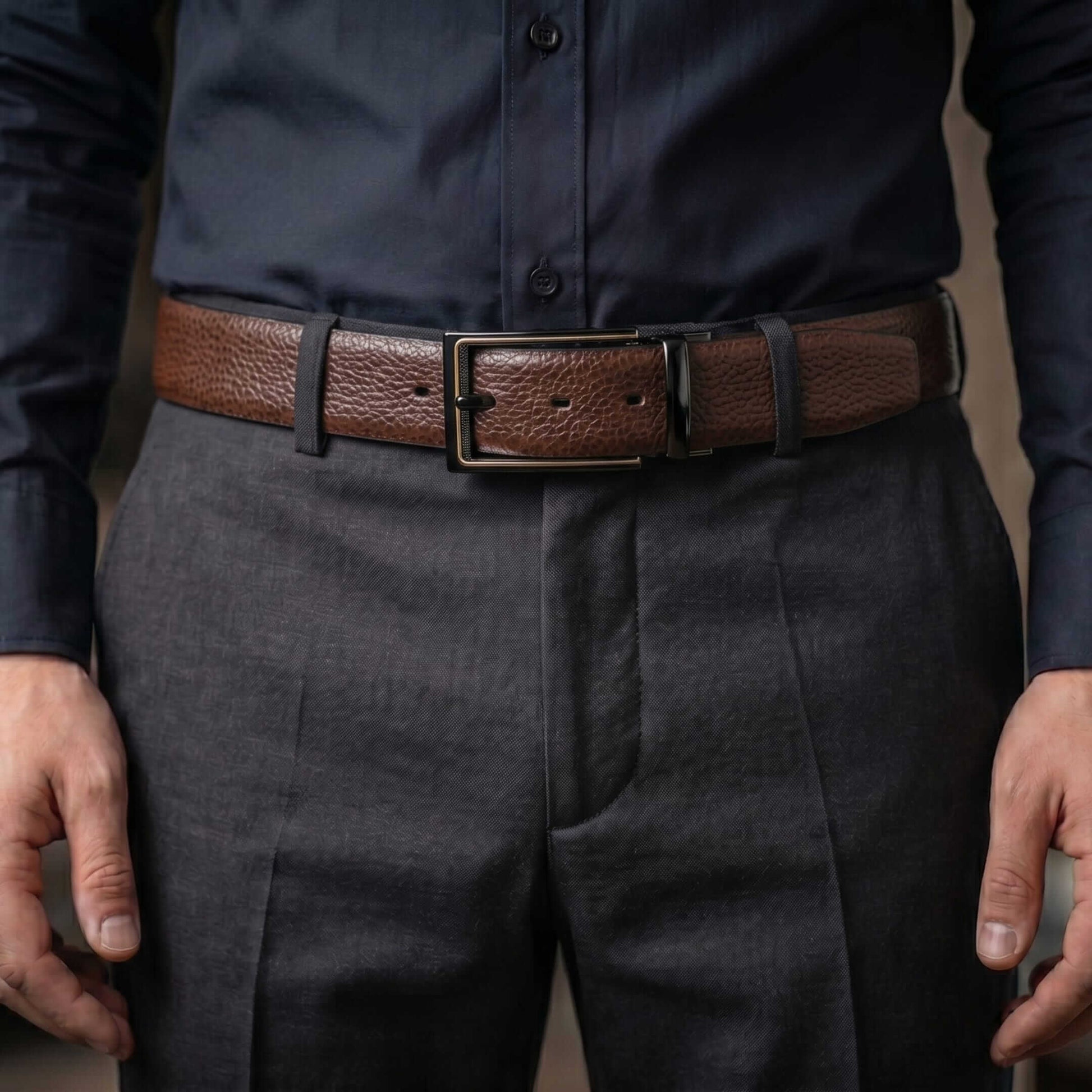 Mens 100% Genuine Leather Belt - LUXORIC Pebble-Grain, CYRON Gold-Edge Gunmetal Pin Buckle (Brown & Black Reversible) — Leather Belts for Men | THE MEN THING