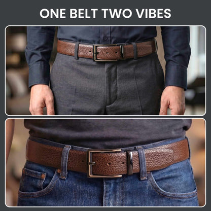 Mens 100% Genuine Leather Belt - LUXORIC Pebble-Grain, CYRON Gold-Edge Gunmetal Pin Buckle (Brown & Black Reversible) — Leather Belts for Men | THE MEN THING