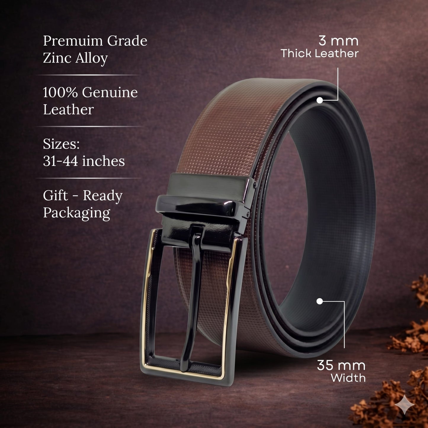 THE MEN THING Leather Belts Mens Genuine Leather Belt | 2 in 1 Reversible (Brown & Black) (1 Pc.) - QUADRON
