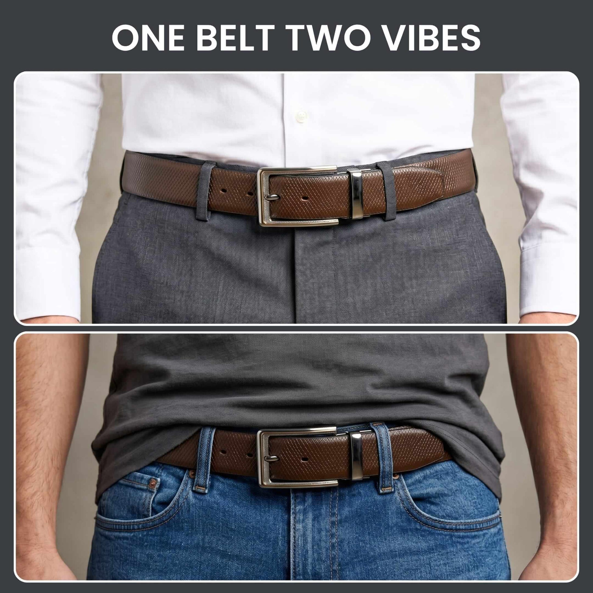 Mens 100% Genuine Leather Belt - REXVA Saffiano Texture, AXIOM Polished Pin Buckle (Brown & Black Reversible) — Leather Belts for Men | THE MEN THING