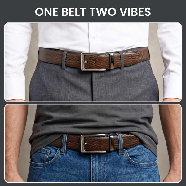 Mens 100% Genuine Leather Belt - REXVA Saffiano Texture, AXIOM Polished Pin Buckle (Brown & Black Reversible)