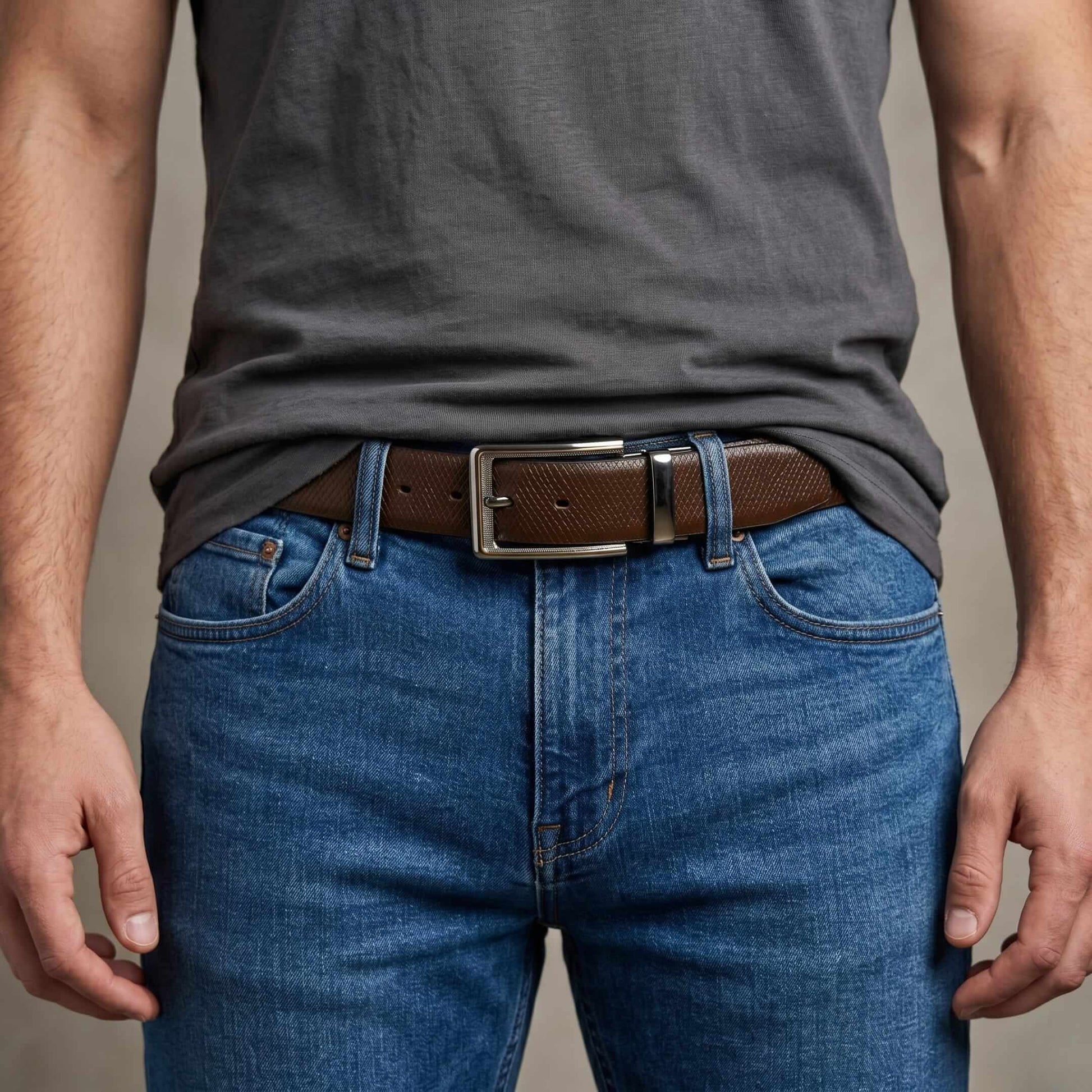 Mens 100% Genuine Leather Belt - REXVA Saffiano Texture, AXIOM Polished Pin Buckle (Brown & Black Reversible) — Leather Belts for Men | THE MEN THING