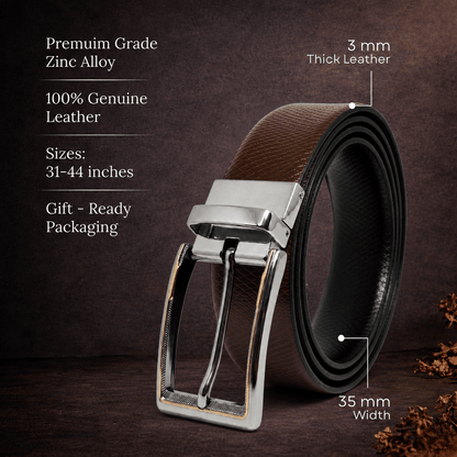 Mens 100% Genuine Leather Belt - REXVA Saffiano Texture, AXIOM Polished Pin Buckle (Brown & Black Reversible) — Leather Belts for Men | THE MEN THING