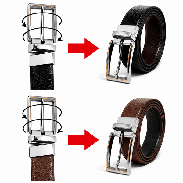 Mens 100% Genuine Leather Belt - REXVA Saffiano Texture, AXIOM Polished Pin Buckle (Brown & Black Reversible)