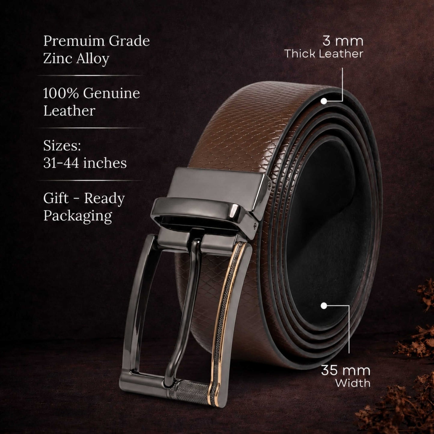 Mens 100% Genuine Leather Belt - REXVA Saffiano Texture, TORIX Brushed Bronze Pin Buckle (Brown & Black Reversible) — Leather Belts for Men | THE MEN THING