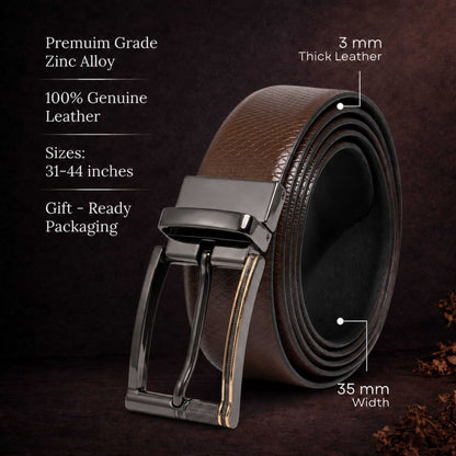 Mens 100% Genuine Leather Belt - REXVA Saffiano Texture, TORIX Brushed Bronze Pin Buckle (Brown & Black Reversible) — Leather Belts for Men | THE MEN THING