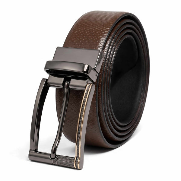 Mens 100% Genuine Leather Belt - REXVA Saffiano Texture, TORIX Brushed Bronze Pin Buckle (Brown & Black Reversible)