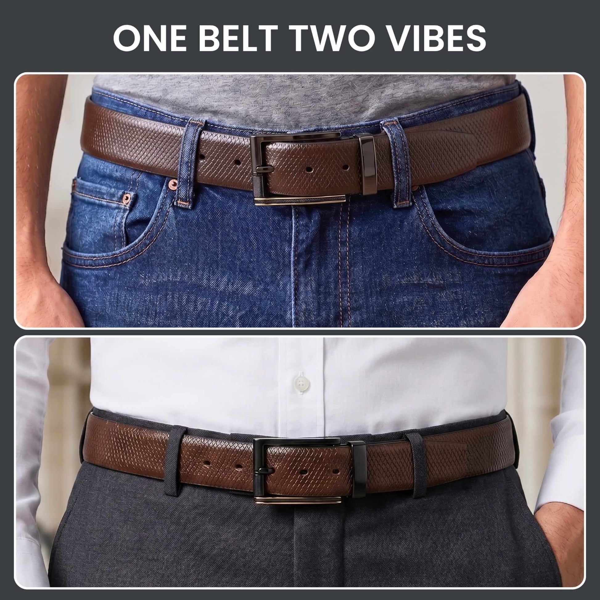 Mens 100% Genuine Leather Belt - REXVA Saffiano Texture, TORIX Brushed Bronze Pin Buckle (Brown & Black Reversible) — Leather Belts for Men | THE MEN THING