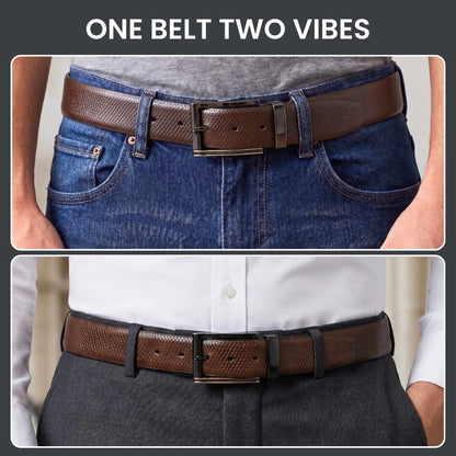 Mens 100% Genuine Leather Belt - REXVA Saffiano Texture, TORIX Brushed Bronze Pin Buckle (Brown & Black Reversible) — Leather Belts for Men | THE MEN THING
