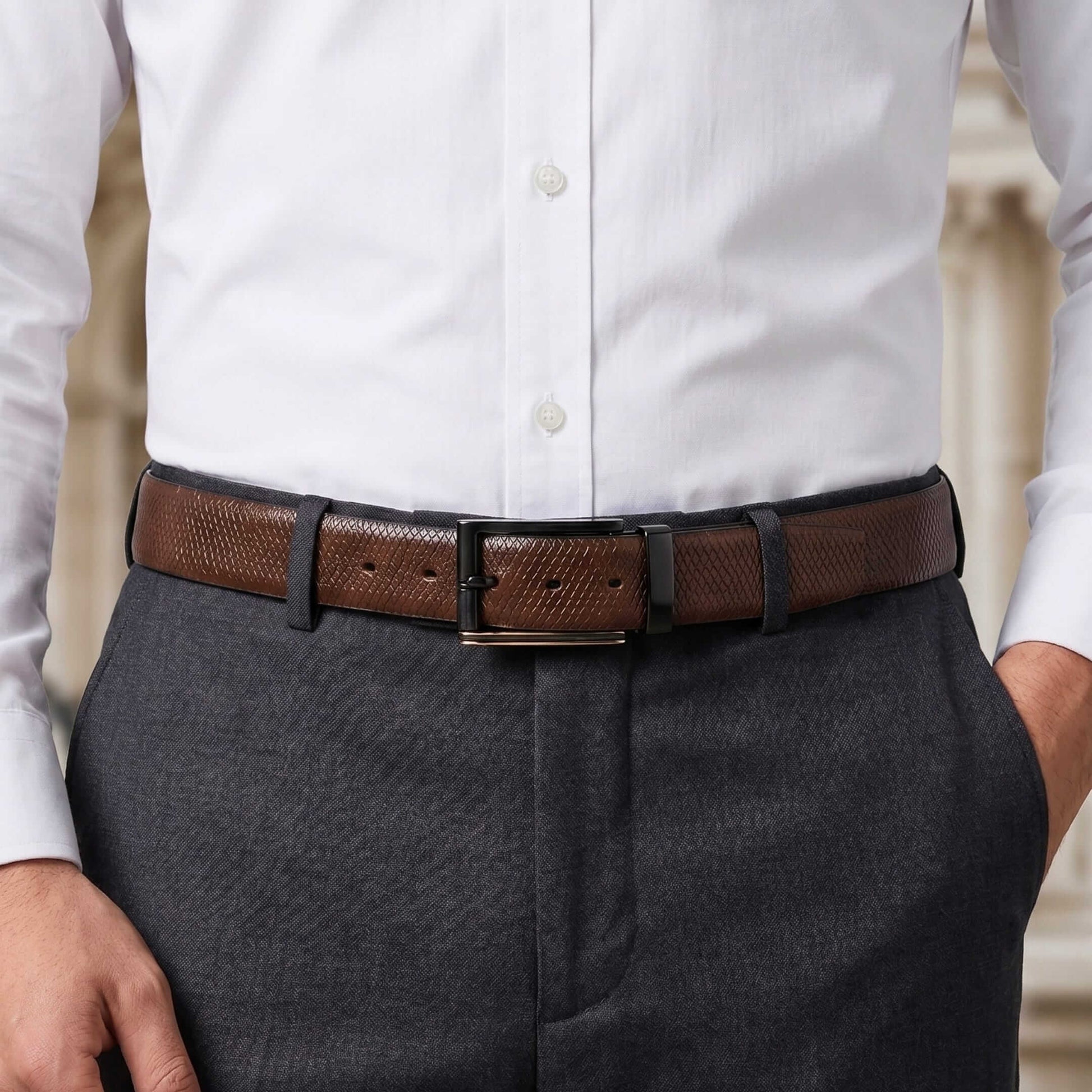 Mens 100% Genuine Leather Belt - REXVA Saffiano Texture, TORIX Brushed Bronze Pin Buckle (Brown & Black Reversible) — Leather Belts for Men | THE MEN THING