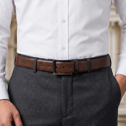 Mens 100% Genuine Leather Belt - REXVA Saffiano Texture, TORIX Brushed Bronze Pin Buckle (Brown & Black Reversible) — Leather Belts for Men | THE MEN THING