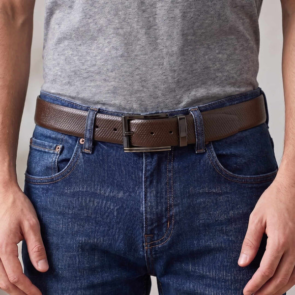 Mens 100% Genuine Leather Belt - REXVA Saffiano Texture, TORIX Brushed Bronze Pin Buckle (Brown & Black Reversible)