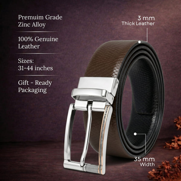 Mens Genuine Leather Belt | 2 in 1 Reversible (Brown & Black) (1 Pc.) - REXVA