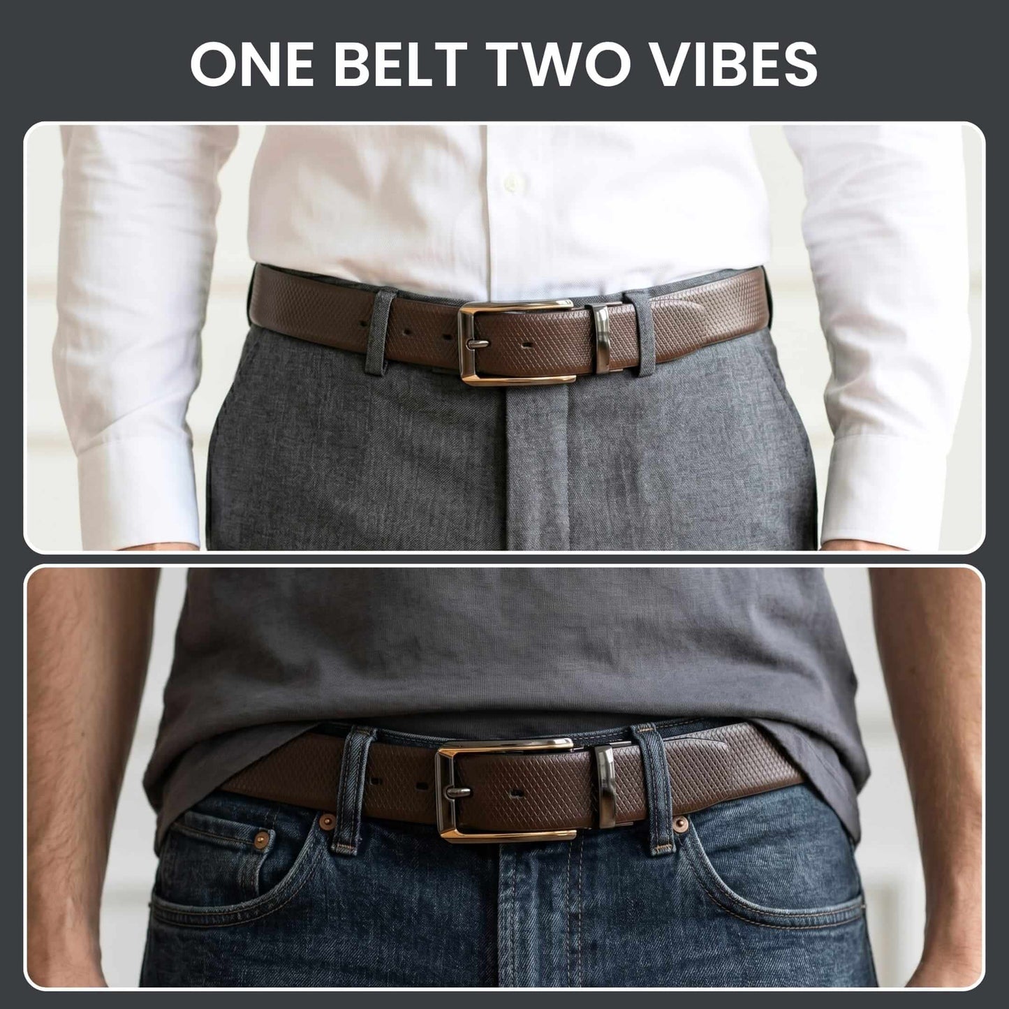 Mens 100% Genuine Leather Belt - REXVA Saffiano Texture, TORVIK Gold-Border Gunmetal Pin Buckle (Brown & Black Reversible) — Leather Belts for Men | THE MEN THING
