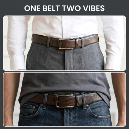 Mens 100% Genuine Leather Belt - REXVA Saffiano Texture, TORVIK Gold-Border Gunmetal Pin Buckle (Brown & Black Reversible) — Leather Belts for Men | THE MEN THING