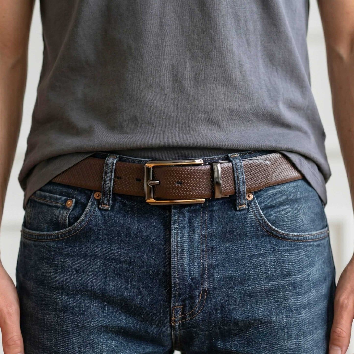 Mens 100% Genuine Leather Belt - REXVA Saffiano Texture, TORVIK Gold-Border Gunmetal Pin Buckle (Brown & Black Reversible) — Leather Belts for Men | THE MEN THING