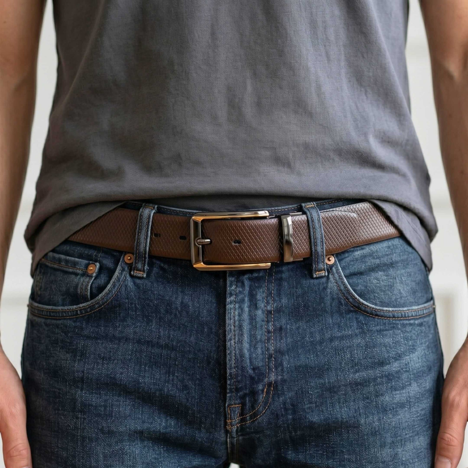 Mens 100% Genuine Leather Belt - REXVA Saffiano Texture, TORVIK Gold-Border Gunmetal Pin Buckle (Brown & Black Reversible) — Leather Belts for Men | THE MEN THING