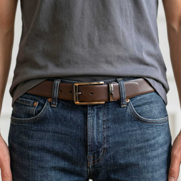 Mens 100% Genuine Leather Belt - REXVA Saffiano Texture, TORVIK Gold-Border Gunmetal Pin Buckle (Brown & Black Reversible)
