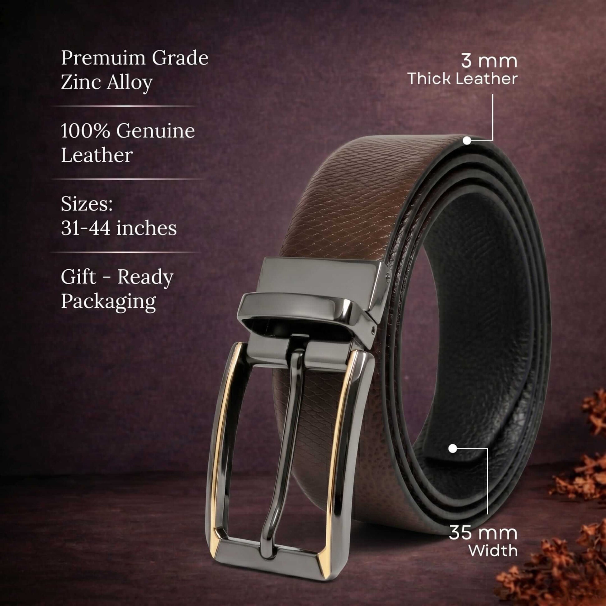 Mens 100% Genuine Leather Belt - REXVA Saffiano Texture, TORVIK Gold-Border Gunmetal Pin Buckle (Brown & Black Reversible) — Leather Belts for Men | THE MEN THING