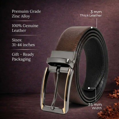 Mens 100% Genuine Leather Belt - REXVA Saffiano Texture, TORVIK Gold-Border Gunmetal Pin Buckle (Brown & Black Reversible) — Leather Belts for Men | THE MEN THING
