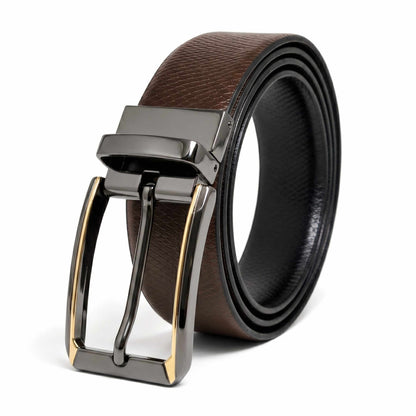 Mens 100% Genuine Leather Belt - REXVA Saffiano Texture, TORVIK Gold-Border Gunmetal Pin Buckle (Brown & Black Reversible) — Leather Belts for Men | THE MEN THING