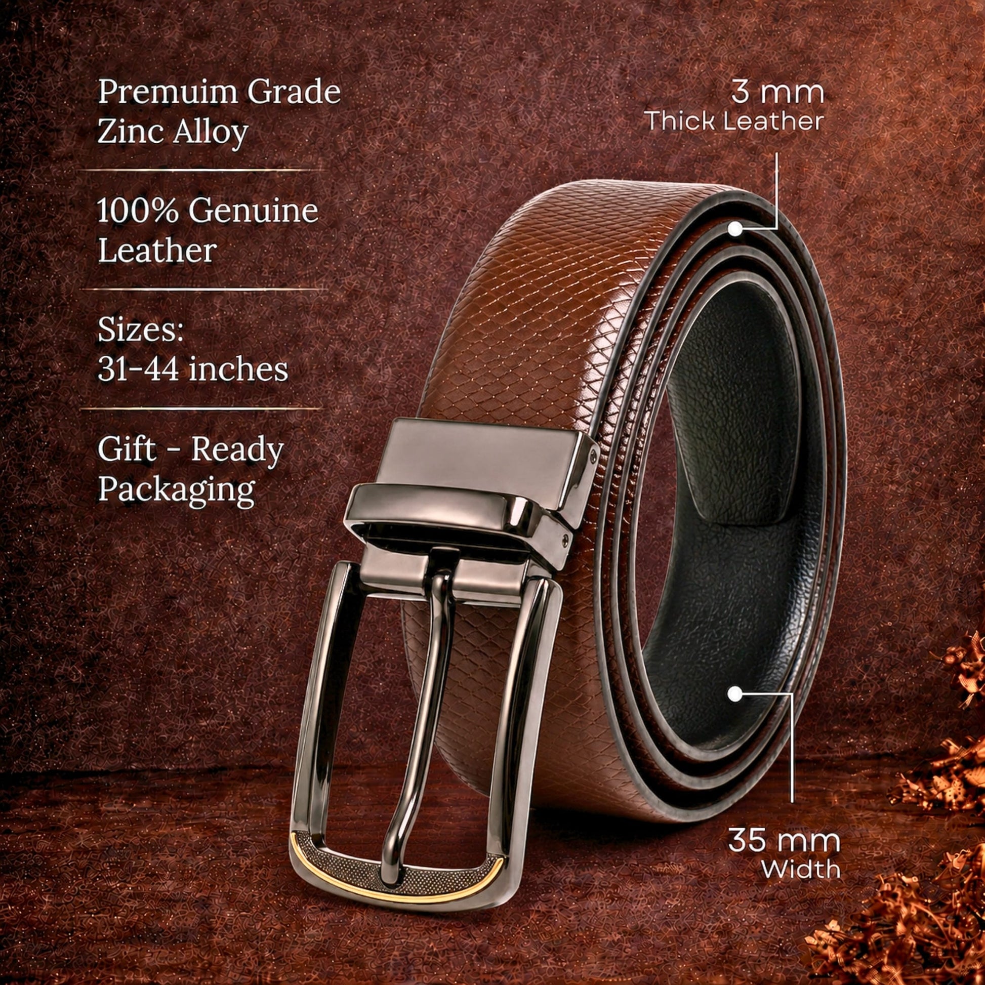THE MEN THING Leather Belts Mens Genuine Leather Belt | 2 in 1 Reversible (Brown & Black) (1 Pc.) - REXVA
