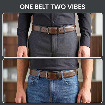 Mens 100% Genuine Leather Belt - REXVA Saffiano Texture, LATCHIX Slim Gunmetal Pin Buckle (Brown & Black Reversible) — Leather Belts for Men | THE MEN THING