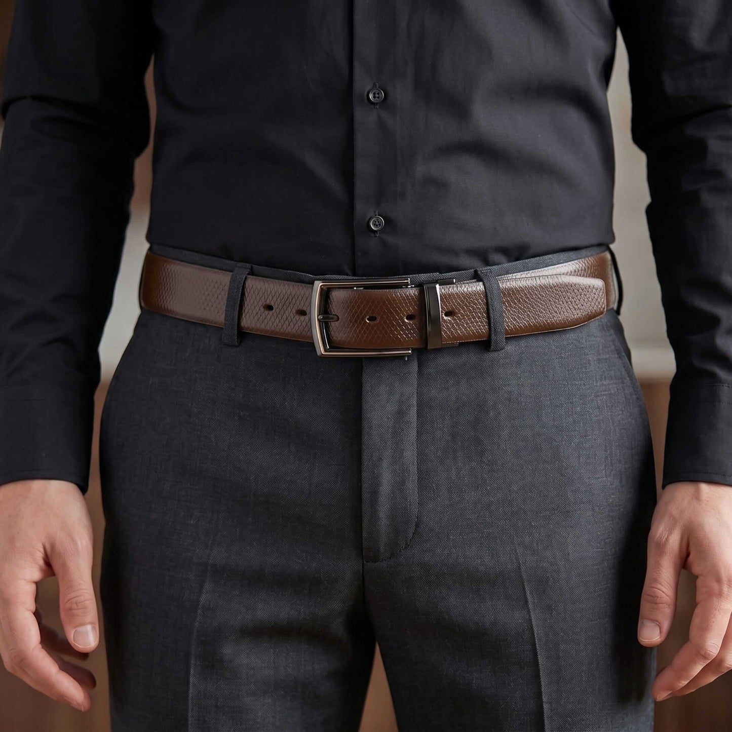 Mens 100% Genuine Leather Belt - REXVA Saffiano Texture, LATCHIX Slim Gunmetal Pin Buckle (Brown & Black Reversible) — Leather Belts for Men | THE MEN THING